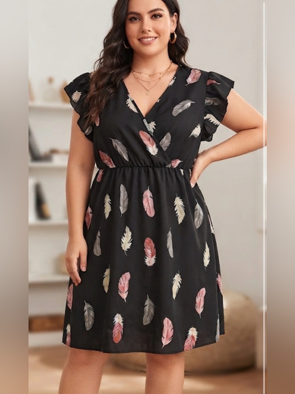 Plus Size Black Feather-Print V-Neck Dress